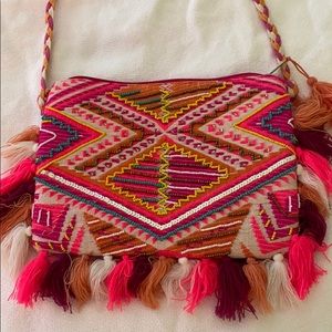 Multi color fringe and beaded cross body bag
